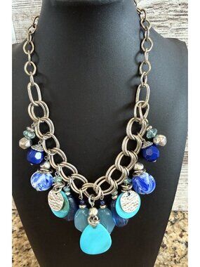 Silver Tone Blue Shell And Faux Stone Chain Necklace 18” + 4” Ruby Rose